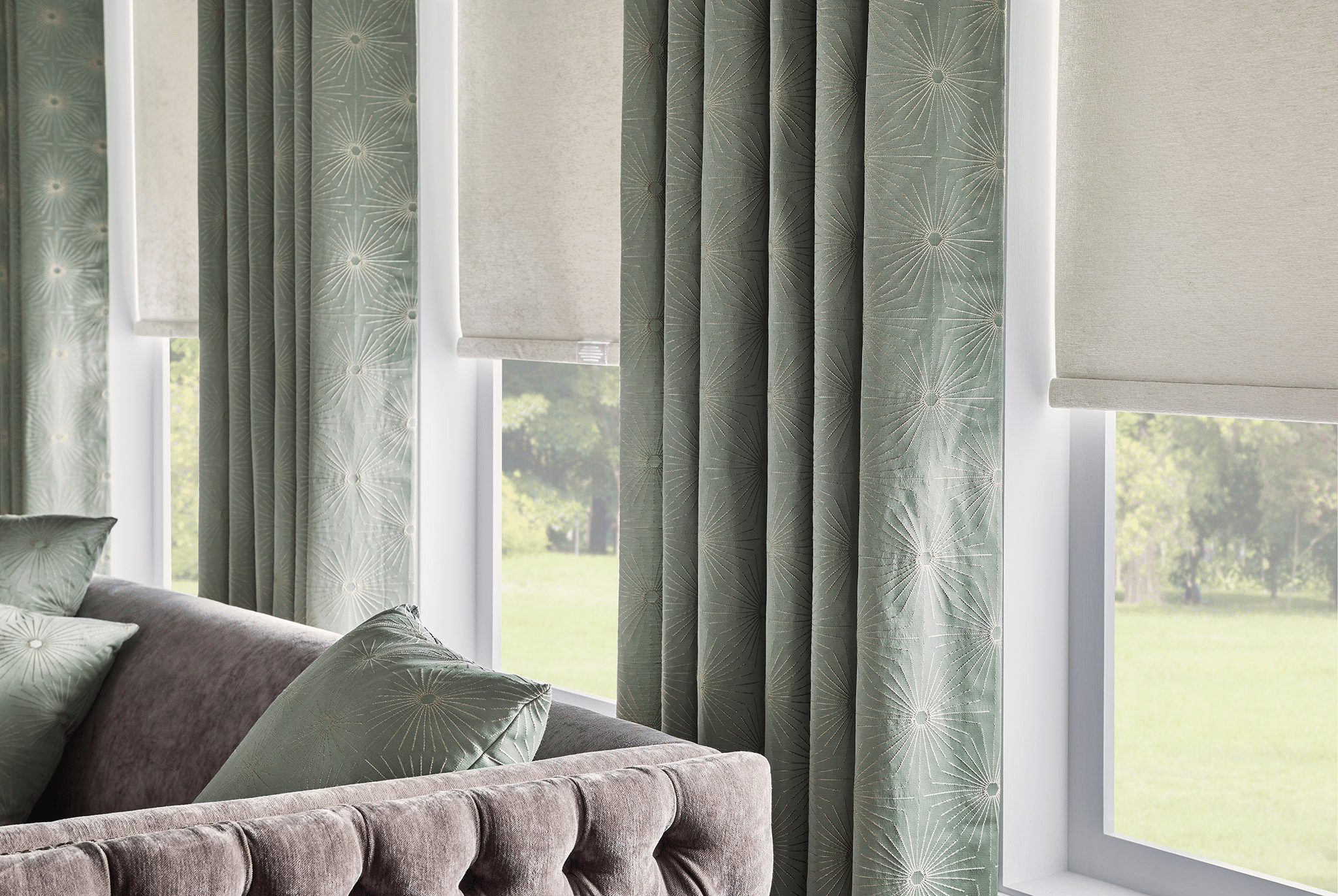 drapery and roller shades